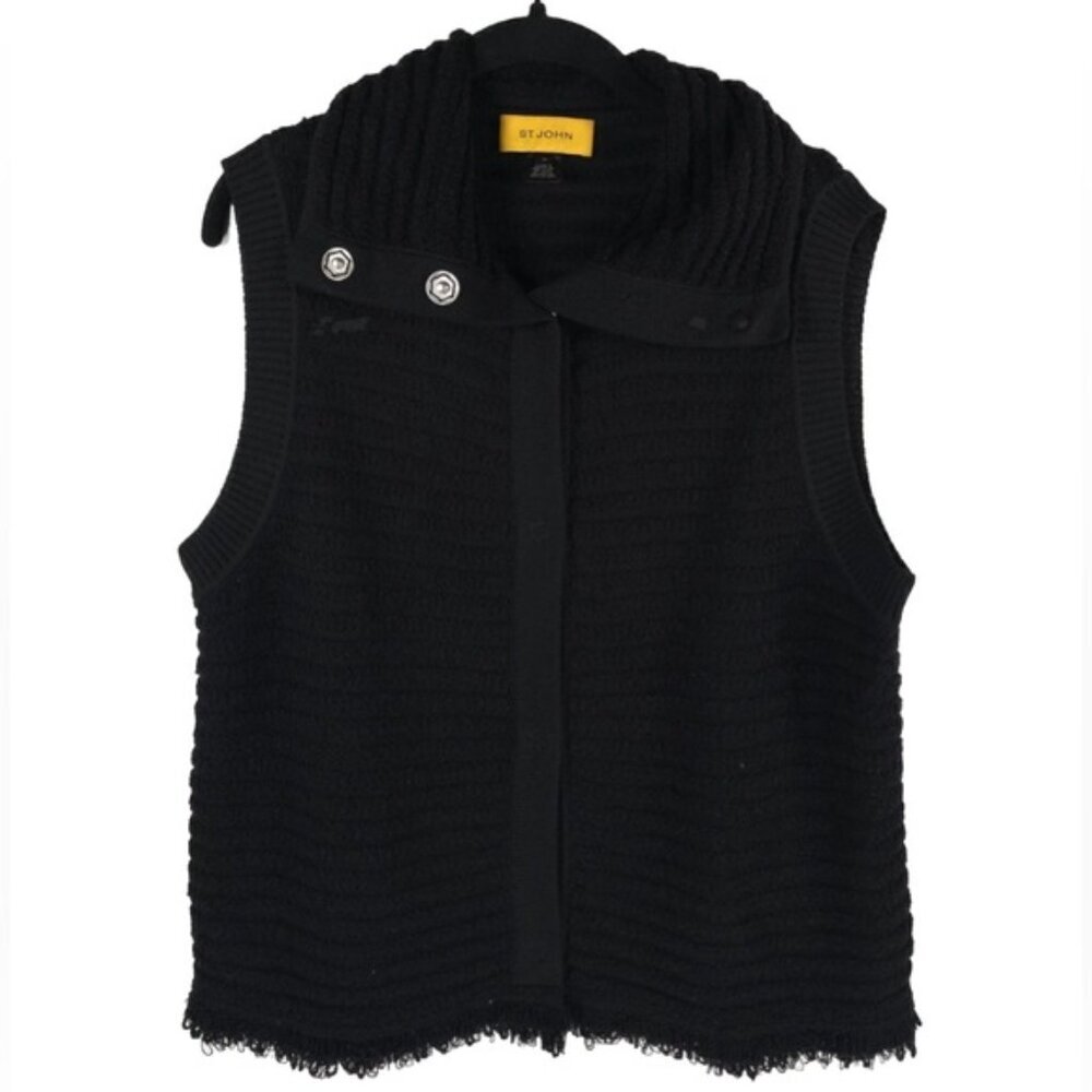 ST. JOHN WOOL CASHMERE Blend Snap Closure Raw Hem Knit in USA 🇺🇸 Vest MEDIUM
